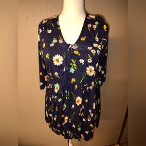 Terra & Sky Navy Floral Tie-Front Peasant Top
